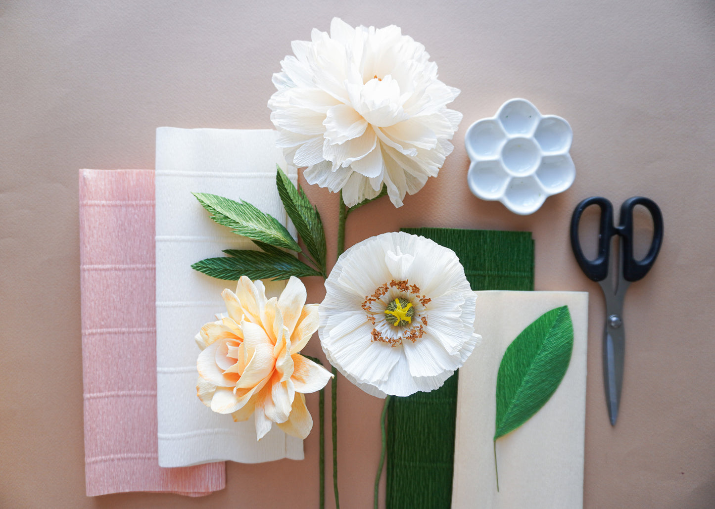 Paper flower workshop layout with Peony, Rose and Poppies