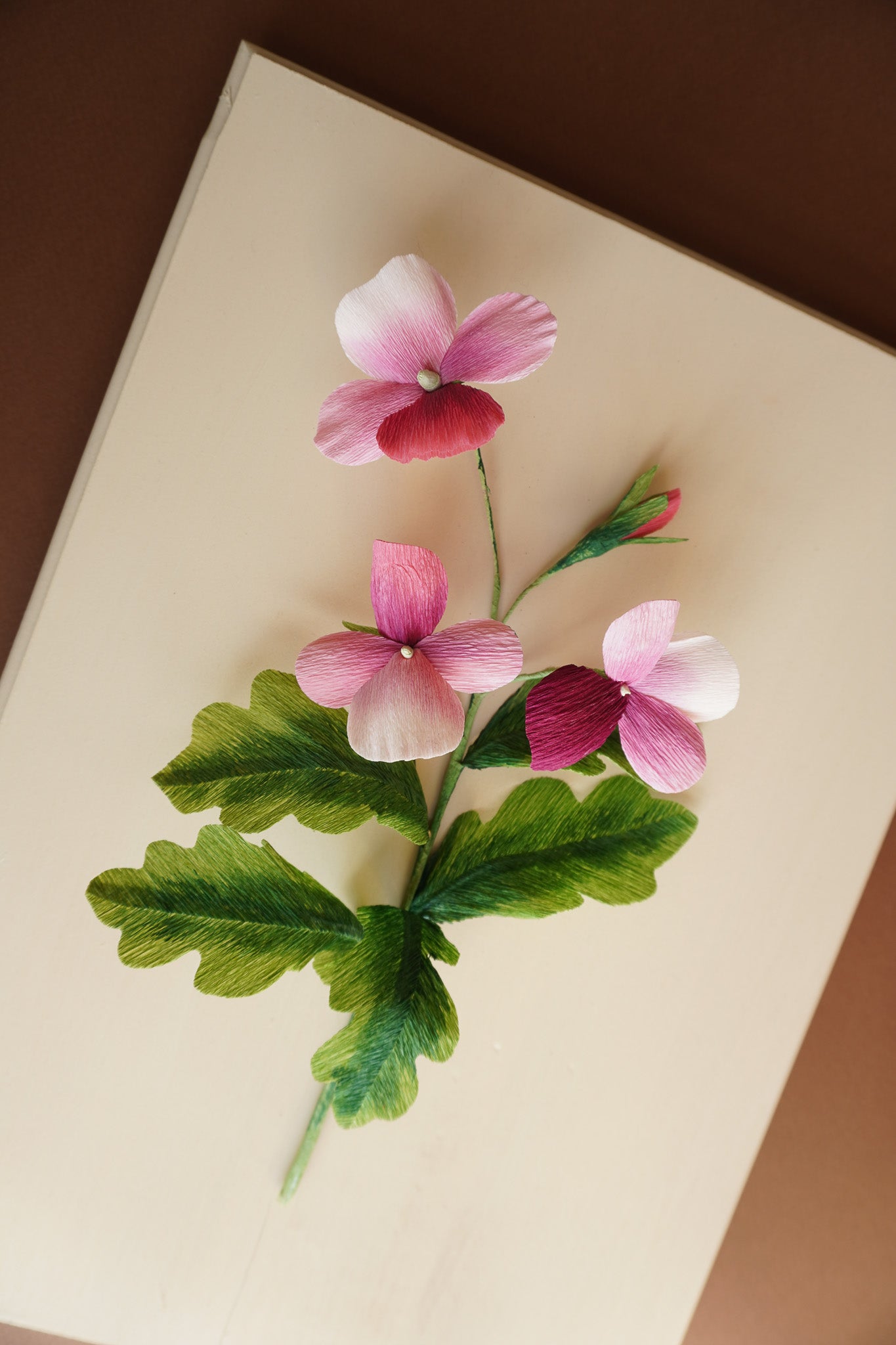 Paper Flower Sculpture on wooden frame: Pansies