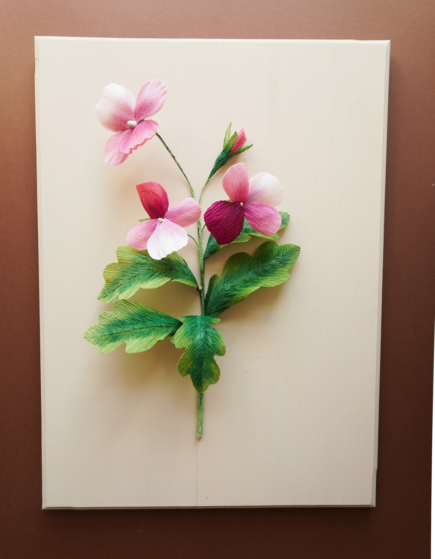 Paper Flower Sculpture on wooden frame: Pansies