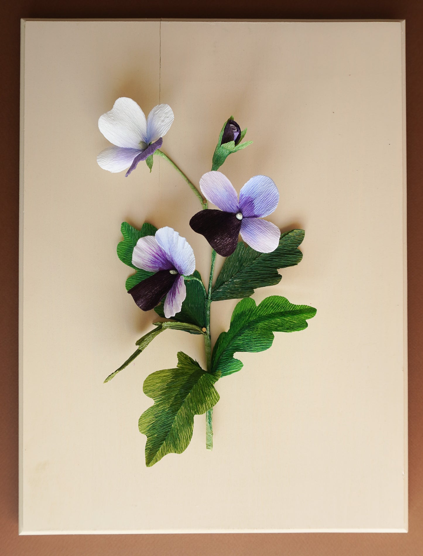 Paper Flower Sculpture on wooden frame: Pansies