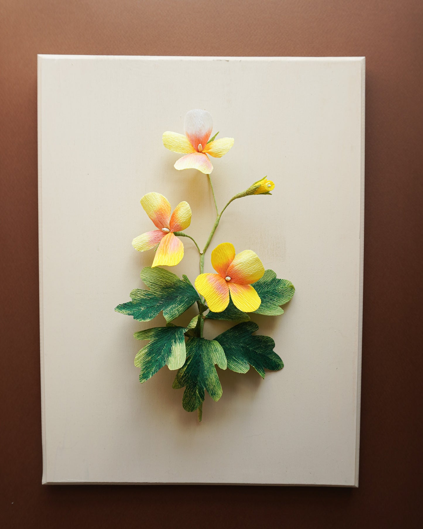 Paper Flower Sculpture on wooden frame: Pansies