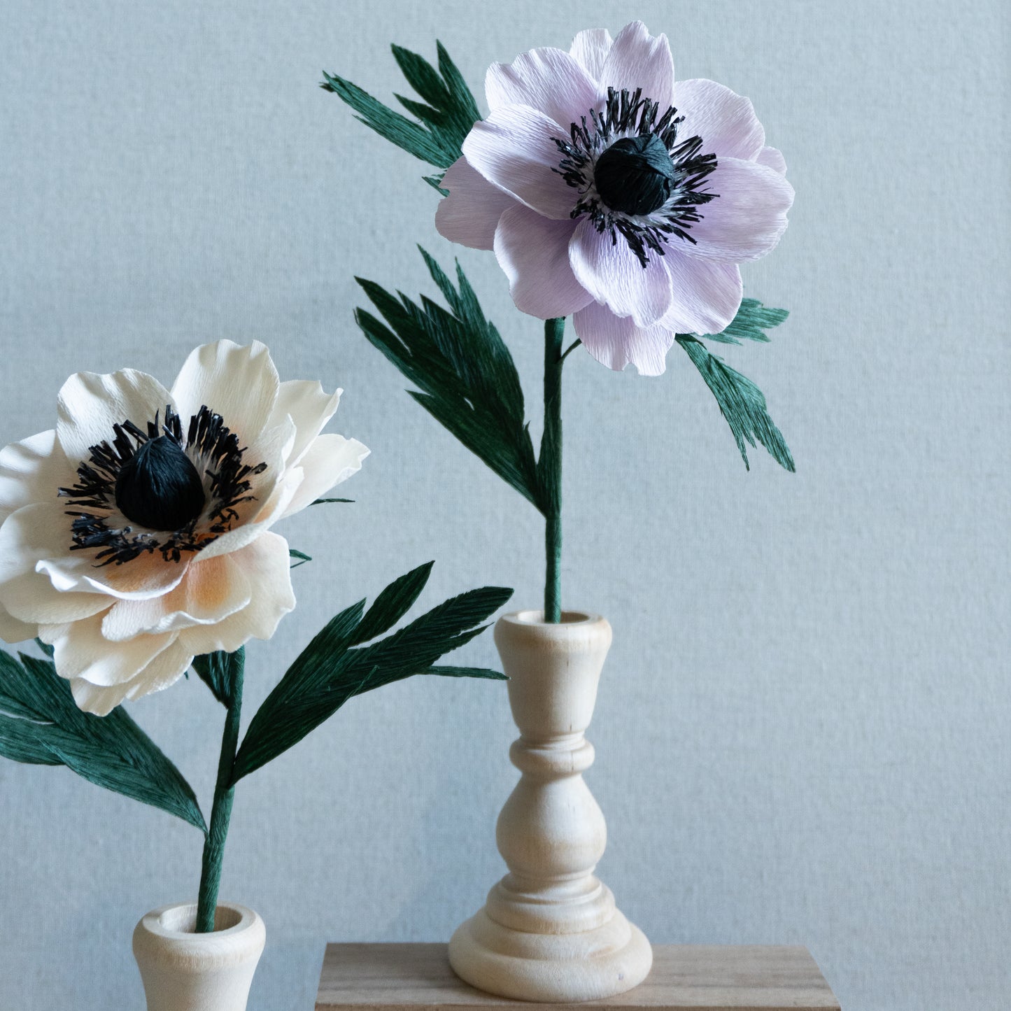Handcrafted paper Anemone with premium Italian crepe paper. Colored with pastel and watercolour. available in white and lilac.